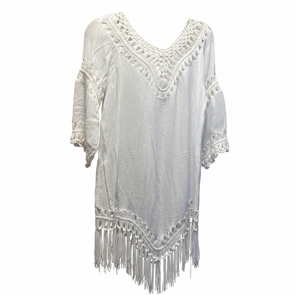 White Crochet Fringe Tunic swimsuit, cover size medium